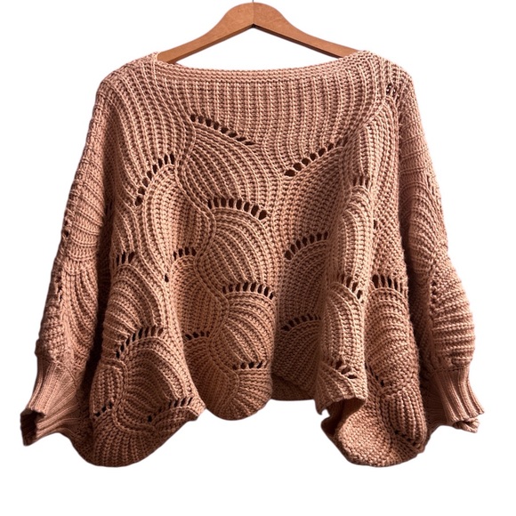 Elodie Sweaters - Elodie Cropped Oversized Scalloped Hem Crochet Bat Wing Sweater M Dusty Pink